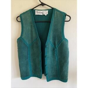 Vintage Ms Today Green Leather Detail Ribbed Knit Vest Boho Festival Rodeo 12